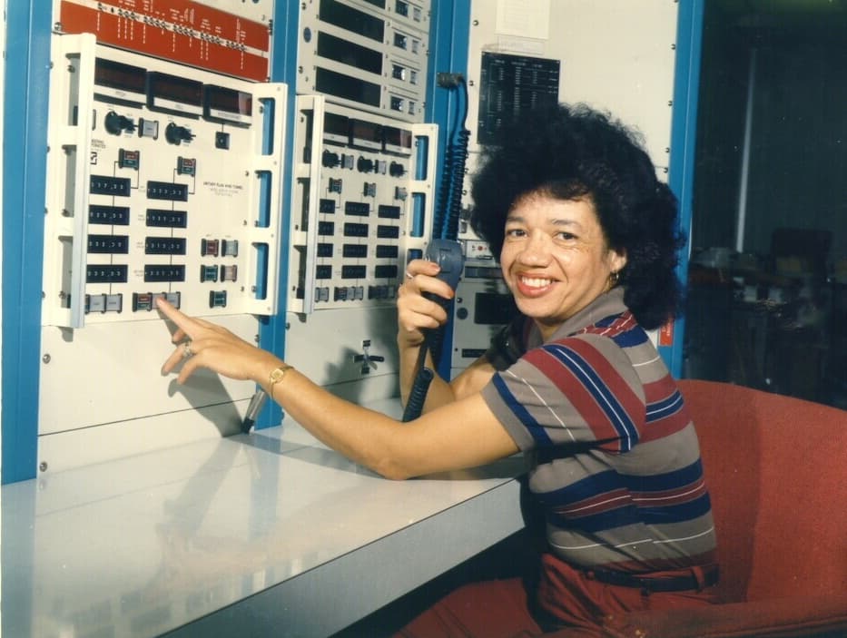 Christine Darden in the control room of NASA Langley's Unitary Plan Wind Tunnel, 1975.